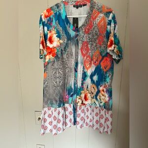 NWT Tolani Collection Top Womens 1X Multicolor Boho Printed Short Sleeve Blouse